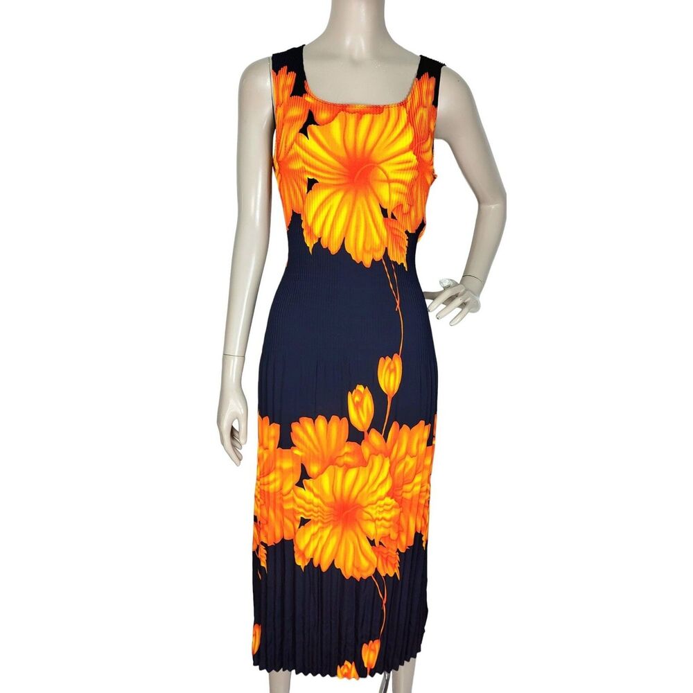 VTG 90s Y2K Bold Colorful Floral Pleated Crinkle Tie-Back Slinky Dress Medium